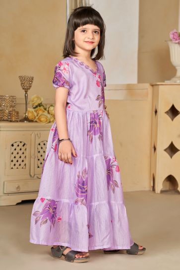 Fancy Fabric Lavender Color Function Wear Digital Printed Readymade Kids Gown