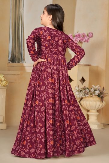 Function Wear Muslin Fabric Maroon Color Captivating Readymade Kids Gown With Shrug