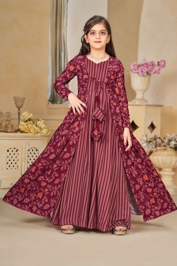 Function Wear Muslin Fabric Maroon Color Captivating Readymade Kids Gown With Shrug