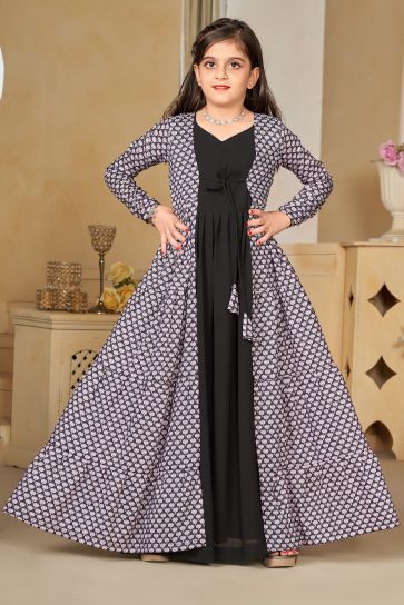 Black Color Muslin Fabric Function Wear Digital Printed Readymade Kids Gown With Shrug