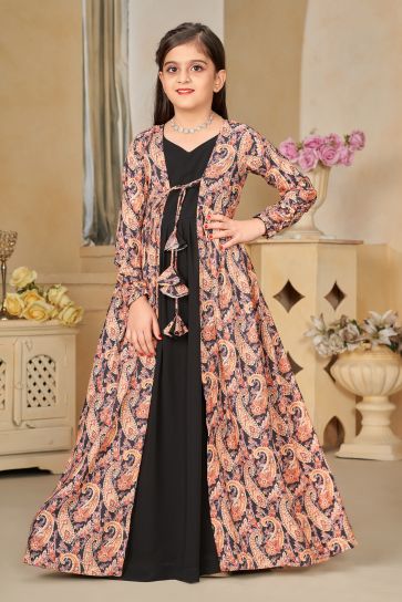Black Color Georgette Fabric Function Wear Digital Printed Readymade Kids Gown With Shrug