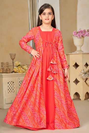 Georgette Fabric Red Color Function Wear Digital Printed Readymade Kids Gown With Shrug