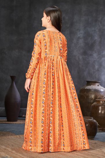 Gorgeous Orange Color Georgette Fabric Digital Printed Function Wear Readymade Kids Gown With Shrug