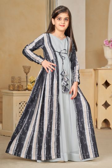 Grey Color Georgette Fabric Function Wear Digital Printed Readymade Kids Gown With Shrug