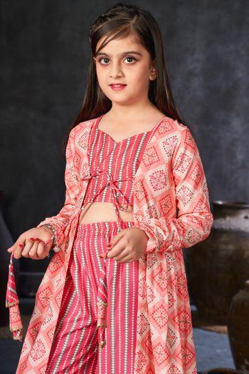 Rayon Fabric Engaging Pink Color Function Wear Readymade Kids Indo Western Palazzo Set With Digital Printed Shrug
