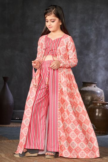Rayon Fabric Engaging Pink Color Function Wear Readymade Kids Indo Western Palazzo Set With Digital Printed Shrug