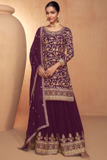 Purple Chinon Fabric Readymade Palazzo Suit with Embroidered Work