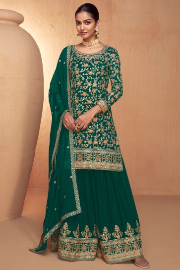 Stunning Green Chinon Fabric Readymade Palazzo Suit for Function