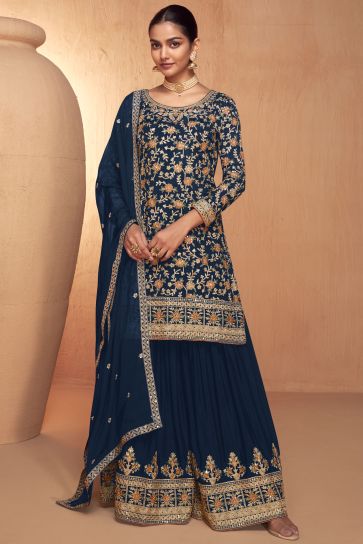 Blue Chinon Fabric Readymade Palazzo Suit In Function Wear