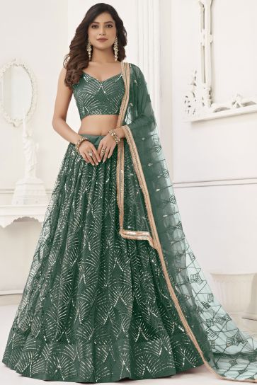 Dark Green Tafeta Satin Silk Wedding Lehenga Choli | Designer bridal lehenga,  Party wear lehenga, Lehenga