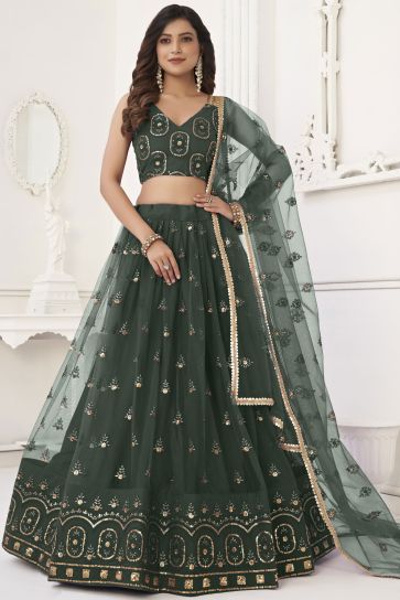 Dark Green Color Net Fabric Sequins Embroidered Work Lehenga For Sangeet Function