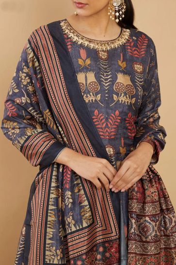 Blue Function Wear Digital Print Readymade Long Anarkali Style Gown In Art Silk Fabric
