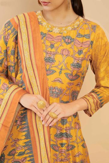 Art Silk Sangeet Wear Digital Print Readymade Long Anarkali Style Gown In Yellow Color