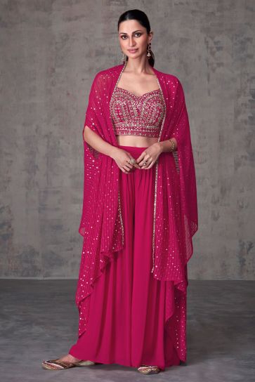 Diksha Singh Fashionable Rani Color Georgette Readymade Indo Western Palazzo With Shrug 