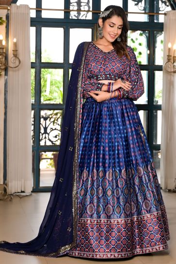 Satin Fabric Blue Occasion Wear Printed Readymade Lehenga Choli