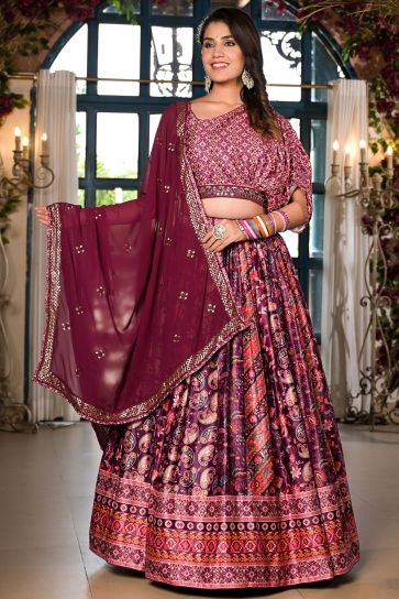 Satin Fabric Wine Color Sangeet Wear Designer Printed Readymade Lehenga Choli