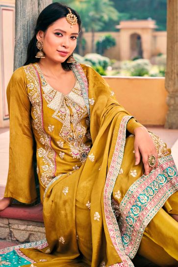Mesmeric Mustard Color Readymade Salwar Suit In Chinon Fabric