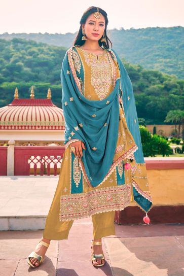 Radiant Yellow Color Chinon Fabric Readymade Salwar Suit