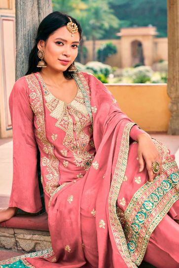 Excellent Chinon Fabric Pink Color Readymade Salwar Suit