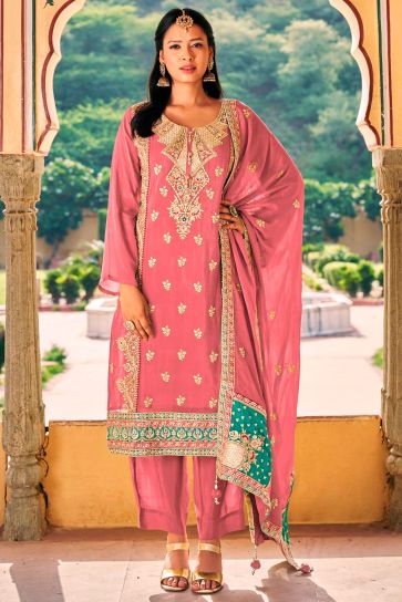 Excellent Chinon Fabric Pink Color Readymade Salwar Suit