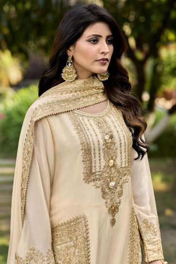 Chinon Fabric Festive Wear Embroidered Readymade Designer Salwar Kameez In Beige Color