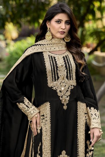 Festive Wear Embroidered Readymade Designer Salwar Kameez In Chinon Fabric Black Color