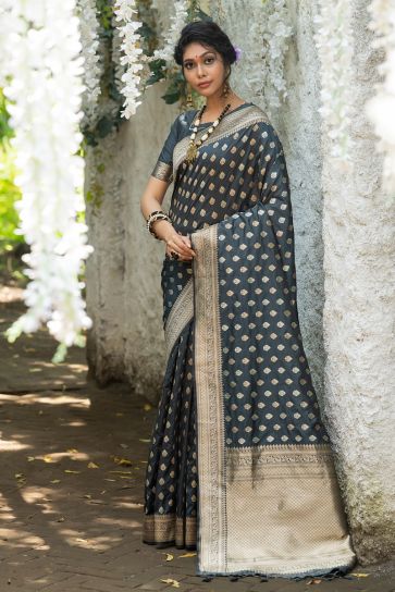 Grey Color Elegant Weaving Work Banarasi Silk Saree