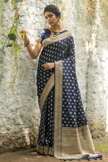 Navy Blue Color Embellished Weaving Work Banarasi Silk Saree