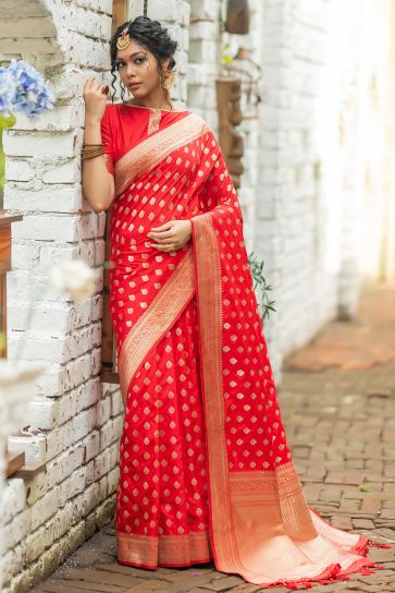 Stunning Red Color Weaving Work Banarasi Silk Saree