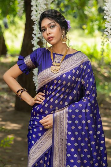 Radiant Blue Color Weaving Work Banarasi Silk Saree