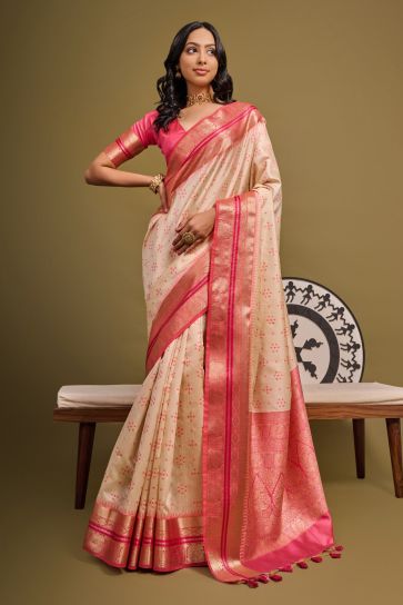 Cream Color Meenakari Zari Weaving Work Function Wear Raw Silk Saree