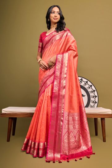 Peach Color Meenakari Zari Weaving Work Festive Wear Raw Silk Saree