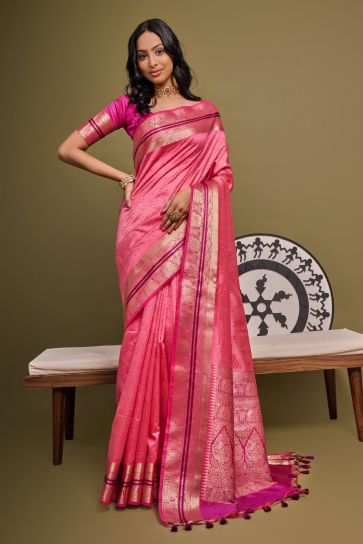 Attractive Pink Color Meenakari Zari Weaving Work Raw Silk Designer Saree