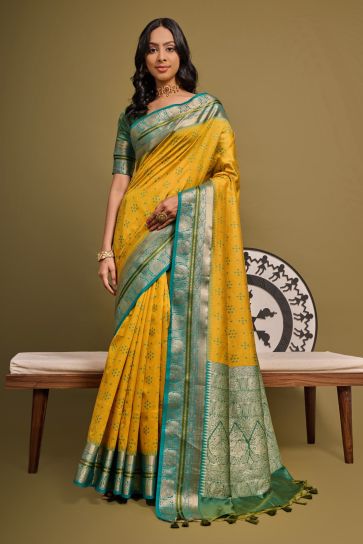 Sangeet Wear Raw Silk Meenakari Zari Weaving Work Yellow Color Saree