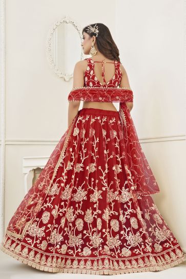 Net Red Sangeet Wear 3 Piece Embroidered Lehenga With Enigmatic Blouse