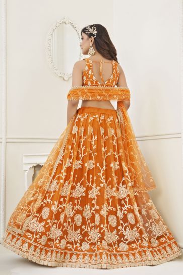 Orange Designer Embroidered Lehenga Choli In Net Fabric With Alluring Blouse