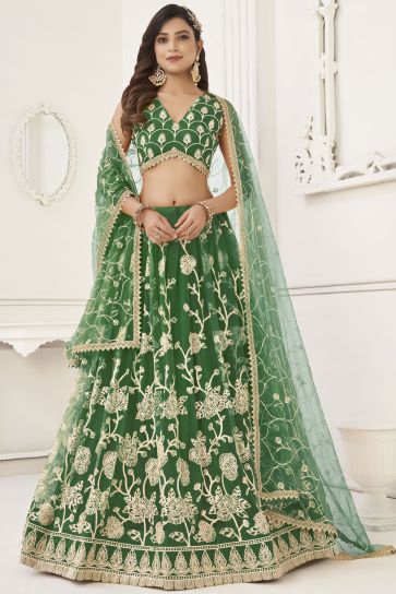 Embroidered Net Wedding Wear Lehenga In Green With Ravishing Blouse
