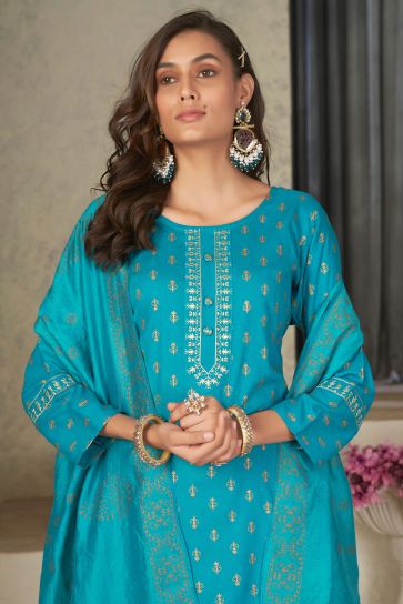 Cyan Color Fantastic Rayon Fabric Readymade Salwar Suit In Festive Wear