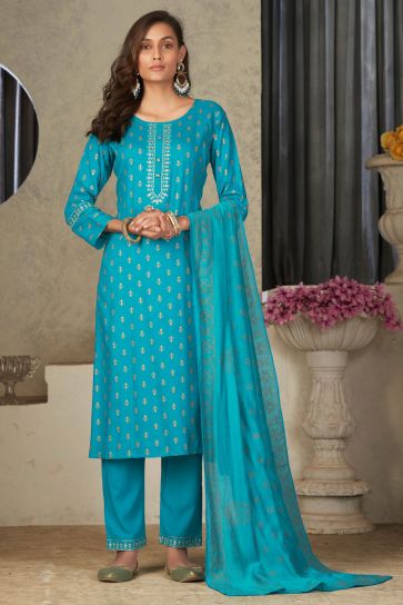 Cyan Color Fantastic Rayon Fabric Readymade Salwar Suit In Festive Wear