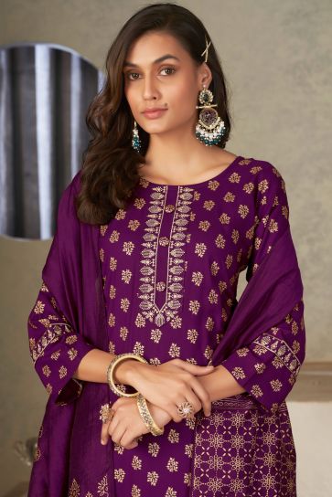 Appealing Festive Wear Rayon Fabric Readymade Salwar Suit In Purple Color