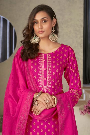 Festive Wear Rani Color Aristocratic Rayon Fabric Readymade Salwar Suit
