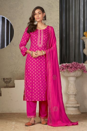 Festive Wear Rani Color Aristocratic Rayon Fabric Readymade Salwar Suit