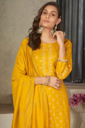 Imperial Yellow Color Rayon Fabric Readymade Salwar Suit In Festive Wear