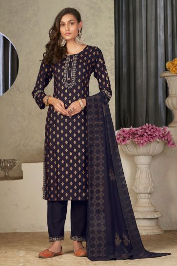Festive Wear Flamboyant Rayon Fabric Readymade Salwar Suit In Black Color