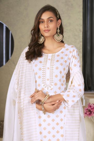 Festive Wear Captivating Rayon Fabric Readymade Salwar Suit In White Color