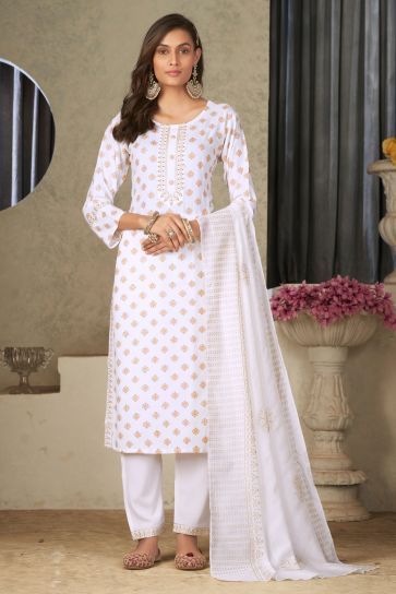Festive Wear Captivating Rayon Fabric Readymade Salwar Suit In White Color