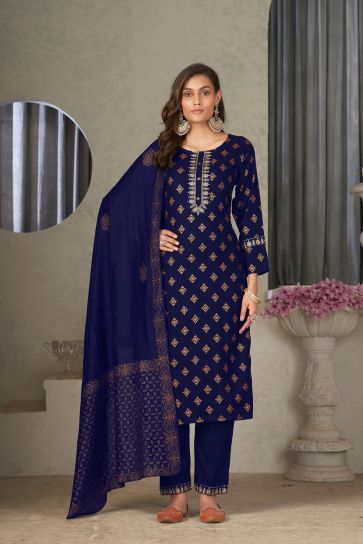 Festive Wear Awesome Rayon Fabric Readymade Salwar Suit In Navy Blue Color