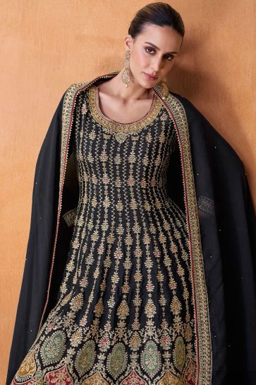 Navy Blue Color Festive Wear Embroidered Palazzo Salwar Suit In Georgette Fabric