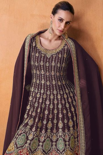 Georgette Fabric Embroidered Function Wear Palazzo Salwar Kameez In Brown Color