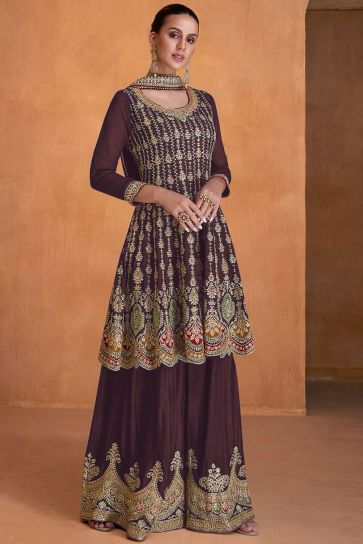 Georgette Fabric Embroidered Function Wear Palazzo Salwar Kameez In Brown Color